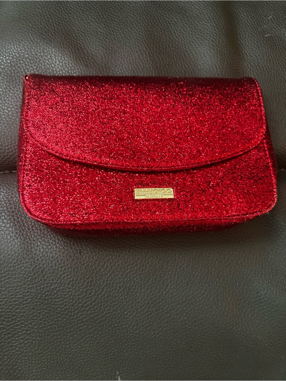 Jimmy Choo Red Glitter Flap Clutch with Gold Plaque